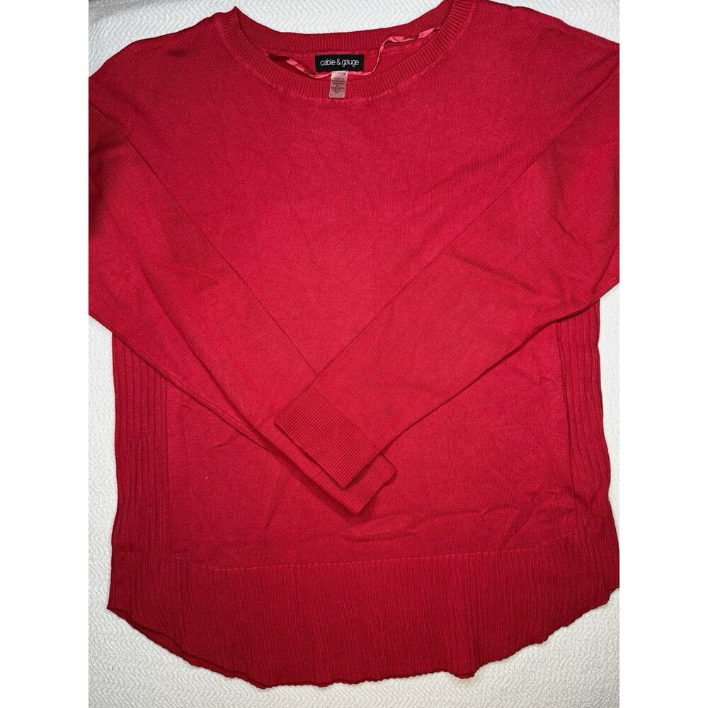 Cable & Gauge Crew Neck Knit Pullover Sweater Red Solid Long Sleeve Light S